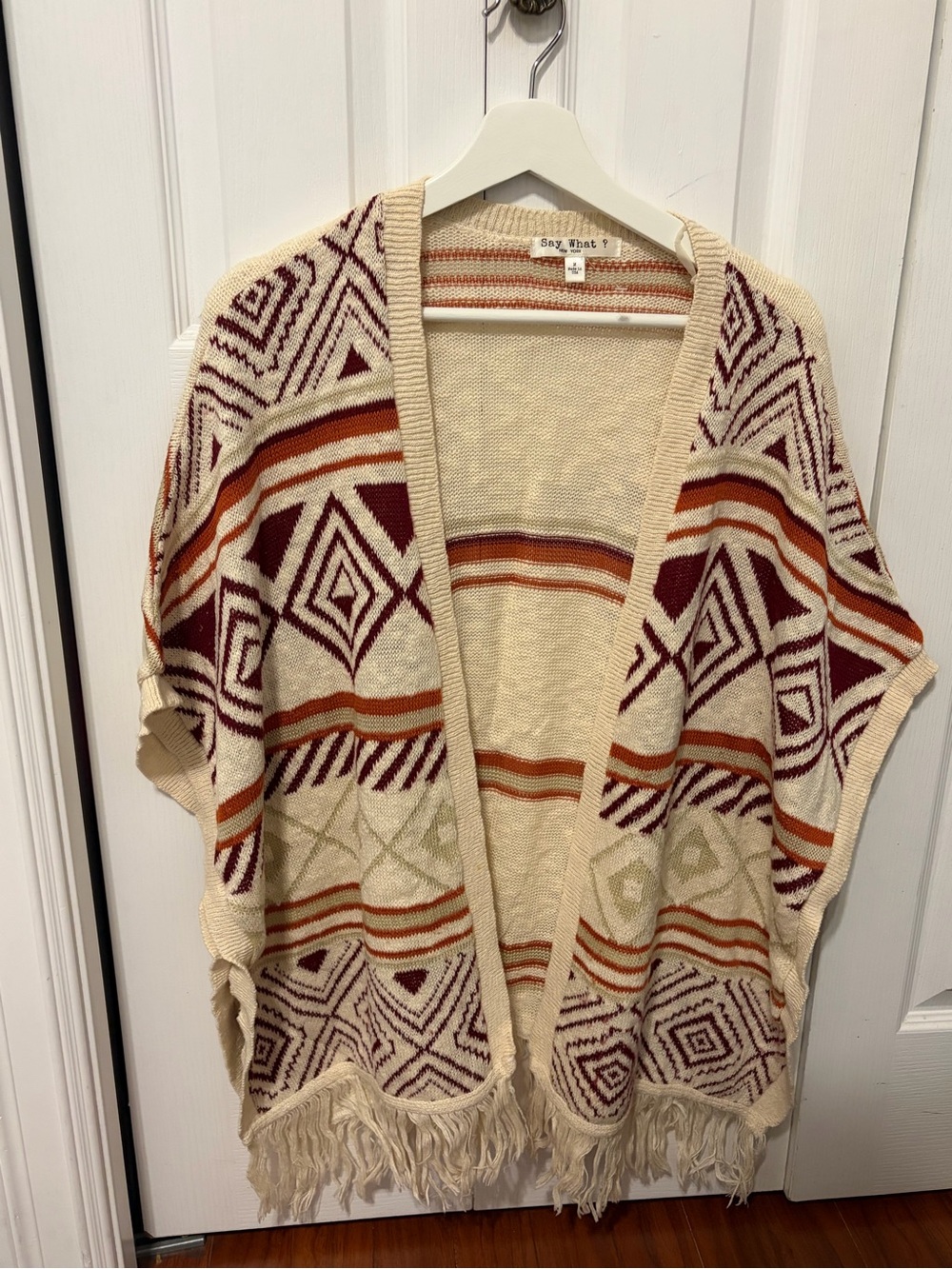 Say What? Cream Open Fringe Cardigan with Burgundy & Rust Geometric Pattern